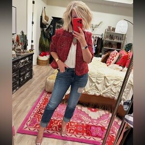 Print Boucle Collarless Long Sleeve Frayed Jacket